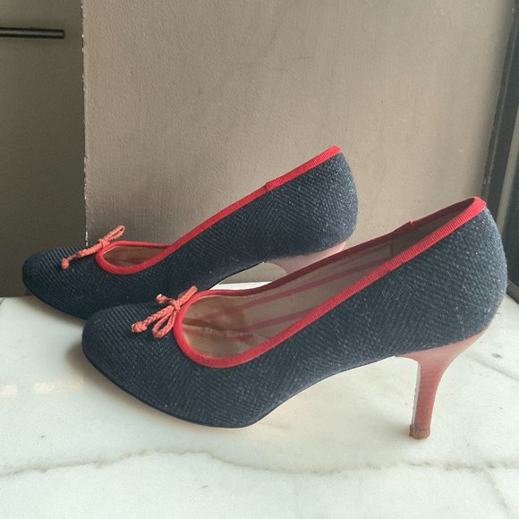 Vintage PAUL SMITH Navy Herringbone Tweed pumps trimmed with Red Grosgrain Trim - Picture 4 of 13